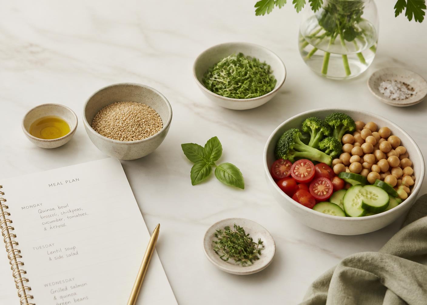 Menú semanal escrito en una libreta junto a ingredientes frescos