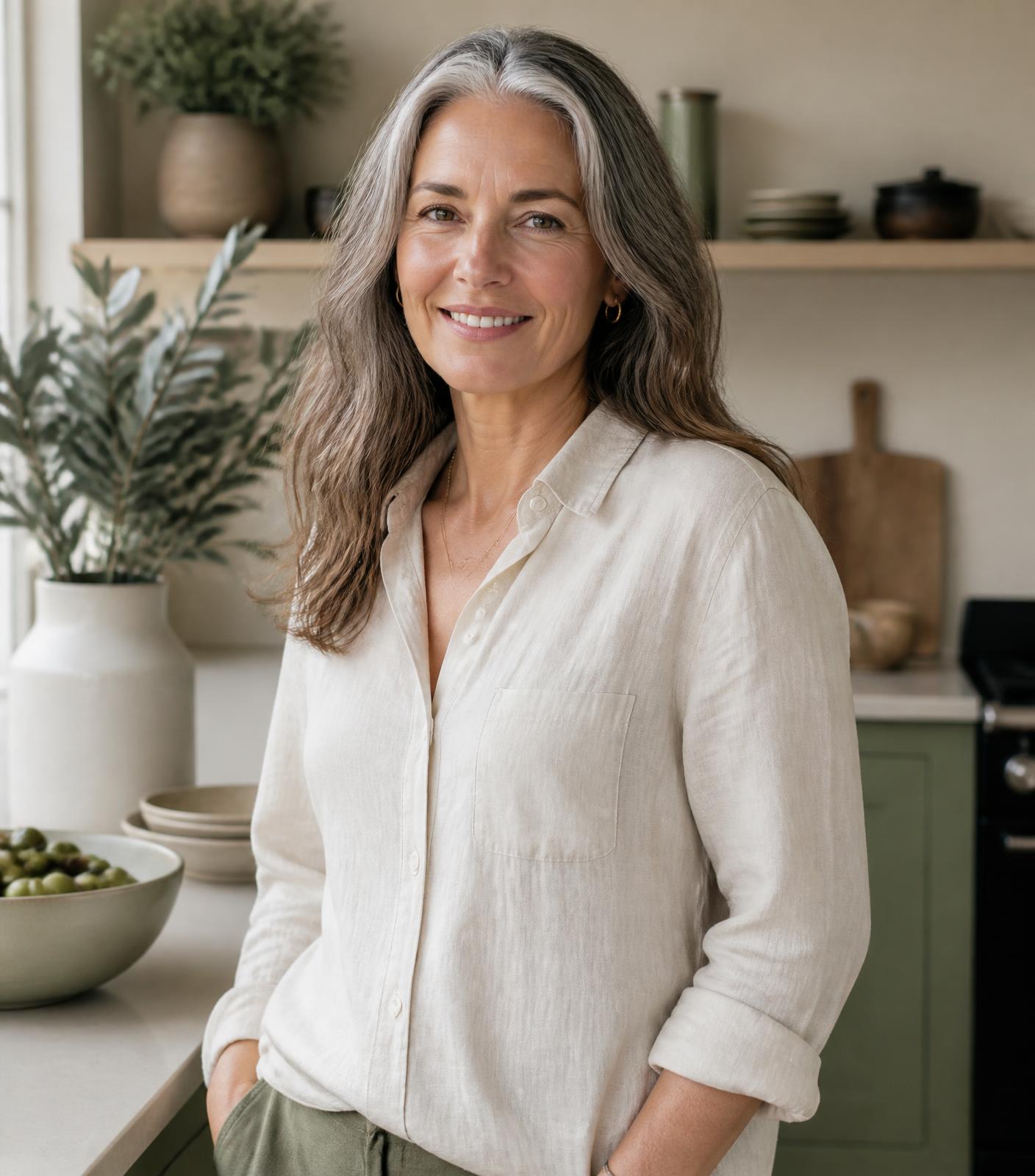 Mujer de unos 50 años en su cocina, tranquila y con aspecto saludable